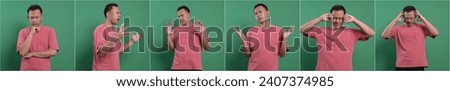 A set of frustrated Asian man with different hand gesture and expression.