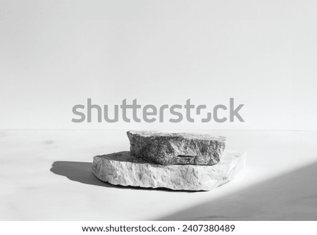 Abstract nature scene with composition of White broken stone slabs podium. white Neutral background for cosmetic or skin care, branding for design mockups. Copy space, front view Royalty-Free Stock Photo #2407380489