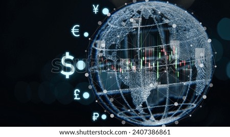 Glowing world with main currency include dollar yuan yen euro pound sterling won and ruble for global forex exchange and money trade transfers concept. Royalty-Free Stock Photo #2407386861