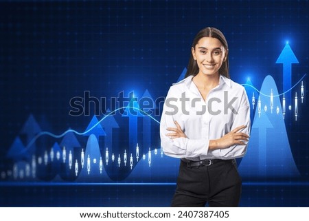 Attractive happy european businesswoman with folded arms and growing forex chart with bright upward arrow on blurry pixel background. Success, financial growth and trade concept