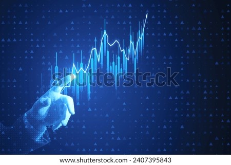 Close up of male hand holding tablet with growing forex chart with bright upward arrow on blurry pixel background. Success, financial growth and trade concept