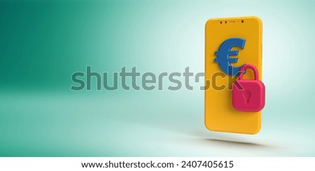 EUR symbol on mobile phone screen with security padlock, greenish background. Minimalist 3D render design, copy space. Forex, stock market, online banking concept. SHOTLISTbanking.