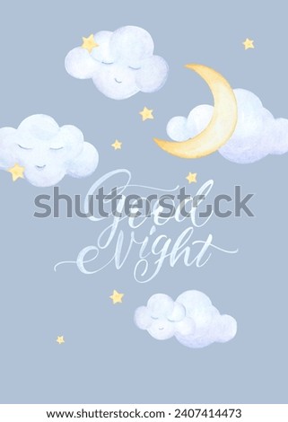Goodnight Baby Letter Poster. Watercolor Night Sky Moon Illustrations. Cloud Nursery Decor. Sky Theme Nursery, Hand Drawn Watercolor Clip Art