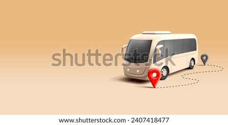 3d realistic bus render illustration with route dashed line and pins geo tags, modern public transport concept car Royalty-Free Stock Photo #2407418477