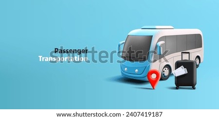 3d realistic bus render illustration with suitcase and tickets for the trip and red geo pin, blue and white colour Royalty-Free Stock Photo #2407419187