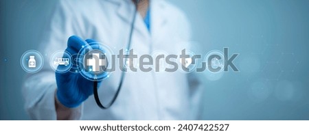 A medical worker using virtual with health care icons, medical technology background, health insurance business.Health Insurance, telemedicine, virtual hospital, family medicine concept. 