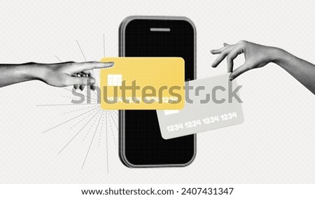 Trendy Halftone Collage Hands holding Credit Cards on phone screen. Online payment concept. Keeping money safe. Financial transactions. Banking loan and e-commerce. Vector contemporary art