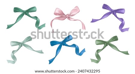 Set of watercolour hand drawn ribbon bows. For printing: cards, invitations, stickers, flyers, posters, etc. For printing: cards, invitations, stickers, flyers, posters, etc.