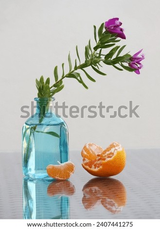 Still life with branch in the small vintage bottle and ripe juicy tangerine. Selective soft focus.  Free space for your text.