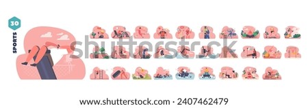 Isolated Elements with People Doing Sports exercises. Male and Female Characters Snowboarding, Running, Icons Set Royalty-Free Stock Photo #2407462479
