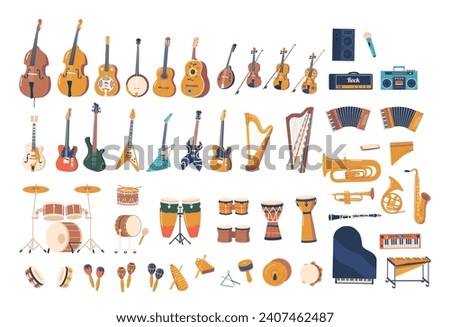 Musical Instruments Set. Cello, Guitar, Banjo or Violin. Harp, Trumpet And Drums, French Horns, Grand Piano, Synthesizer Royalty-Free Stock Photo #2407462487