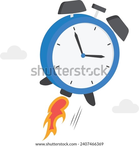 Time to start new business, entrepreneurship to launch project or time management concept, ringing alarm clock with rocket booster successfully launching high into the sky.

