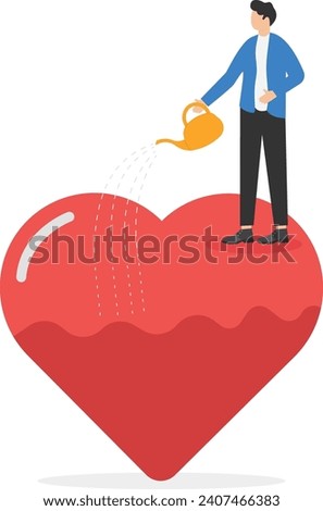 Businessman pouring water to fulfill heart shape metaphor of passion. Work passion, motivation to success and win business competition, mindset or attitude to work in we love to do concept.

