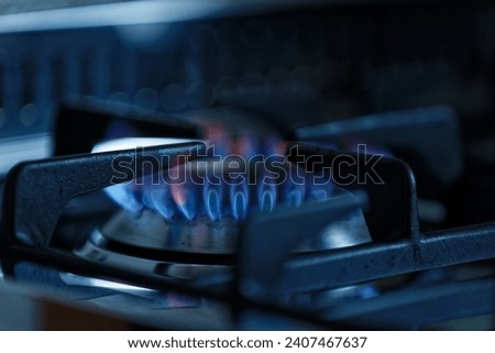 kitchen gas stove alight with flame coming out of it. Conceptual photo for gas, cost of bills, rising prices, heat and the environment. metal Ukraine, Russia, Europe. blu flame. united states. cook 