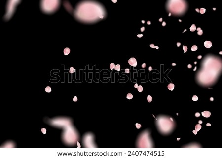 Falling Down Rose Petals on dark black background photo for wedding, romance, love and Valentines day Royalty-Free Stock Photo #2407474515