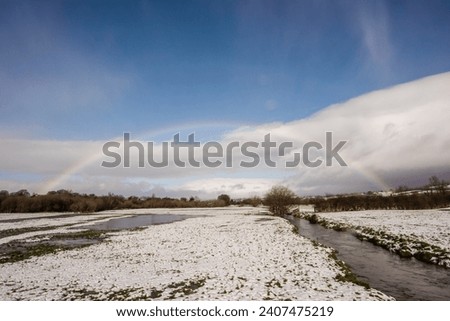 Winter countryside rainbow outdoor park beautiful view white snow blue sky fields river panorama landscape background cold day fresh air healthy lifestyle walk explore travel lovely nature wallpaper