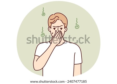Dissatisfied man pinching nose with hand while suffering from unpleasant smell sweat. Guy is experiencing discomfort due to non-compliance with hygiene standards or health problems. Flat vector image Royalty-Free Stock Photo #2407477185
