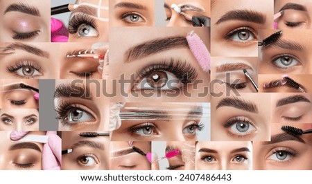 Make-up artist combing eyebrows with a brush to a beautiful young blonde woman with clean skin after permanent makeup. Makeup concept, eyebrow shape modeling. Royalty-Free Stock Photo #2407486443