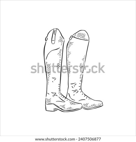 A line drawn illustration of a pair of riding boots in black and white. A sketchy design created by hand and vectorised.