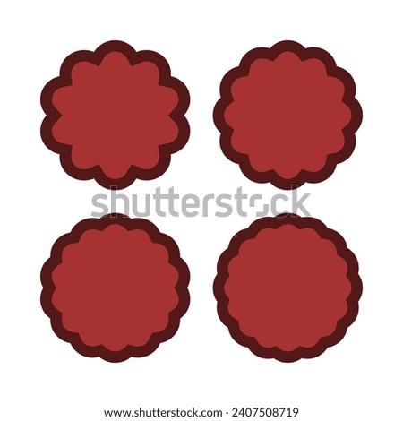 Scallop circle red thick stroke shapes. A group of 4 round symbols with scalloped edges. Isolated on a white background.