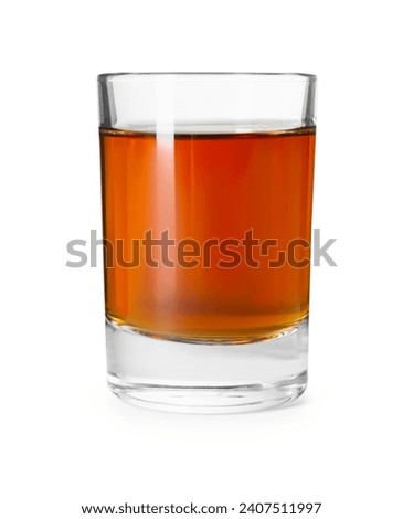 Shot glass with tasty amaretto liqueur isolated on white Royalty-Free Stock Photo #2407511997