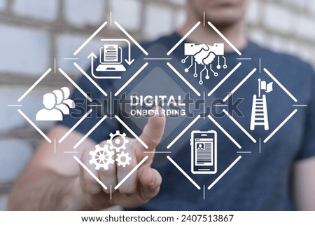 Man using virtual touch screen presses inscription: DIGITAL ONBOARDING. Digital Onboarding Talent Development concept. Welcome onboard online web service technology. Royalty-Free Stock Photo #2407513867