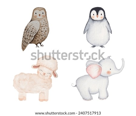 
Watercolor set of animlas: sheep, owl, penguin, elephant carachter akvarel painting cute animals for card, book illustration isolated on white board. 