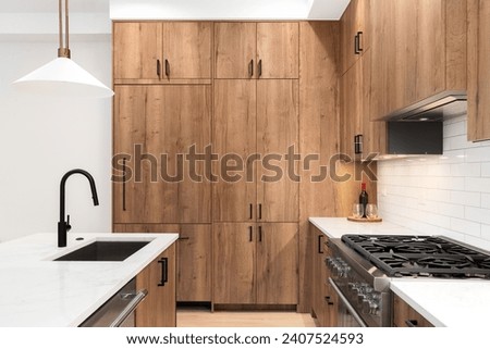 A kitchen detail with wood cabinets, black faucet, a bronze light fixture hanging above the white marble countertop, and a white subway tile backsplash. Royalty-Free Stock Photo #2407524593