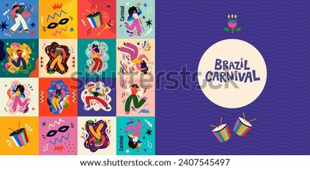 Carnival party. Carnival collection of colorful cards. Design for Brazil Carnival. Decorative abstract illustration with colorful doodles. Music festi Royalty-Free Stock Photo #2407545497
