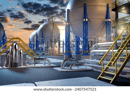 Factory with pipes and mezzanine. Spherical storage for fuel. Energetics plant under. Innovations power industry  Royalty-Free Stock Photo #2407547521