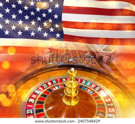 Roulette table with USA flag. Casino to try your luck. Gambling business in USA. Wooden table for playing roulette. Casino in Las Vegas USA. Hands of people placing bets in American casino Royalty-Free Stock Photo #2407548429
