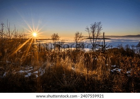 Sunset over the winter landscape. Inverse weather with fog in the valleys. The sun with sun rays in the blue sky. In the foreground trees in winter without leaves.