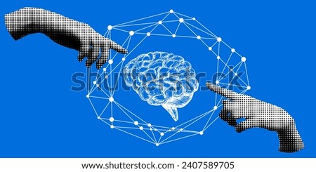 Modern collage with halftone hands and human brain. Retro halftone hands reach out to the brain. Concept of neural connections in the brain. Knowledge concept. Idea generation. Teamwork