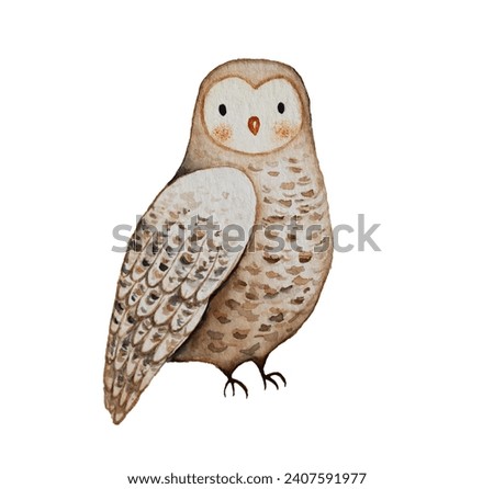 Watercolor animal: owl, character painting cute animals for card, book illustration isolated on white board.