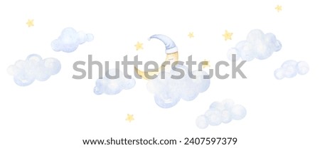 Children Night Sky Illustrations. Nursery Sky Banner. Cloud Nursery Decor. Nursery Wall Art, Hand Drawn Watercolor Clip Art