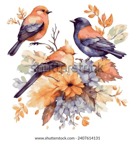 hand-drawn birds, leaves autumn season, detailed illustration, pastel colors flora, hand-drawn of flowers clipart white background scattered water color, scattered watercolor, has shadow.
