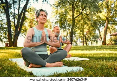 Mental and spiritual health concept. Elderly married couple holding hands in namaste while doing yoga on fresh air. Caucasian man and woman sitting on mats in lotus position and keeping eyes closed. Royalty-Free Stock Photo #2407626349