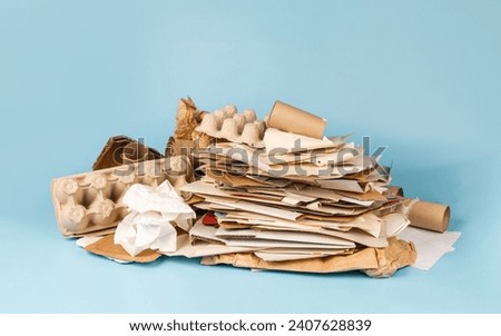 Separate collection of paper garbage. Paper stuff for recycle on blue background. Eco friendly concept. Recyclable paper waste front view: cardboard, craft paper, egg carton, etc. Zero waste concept