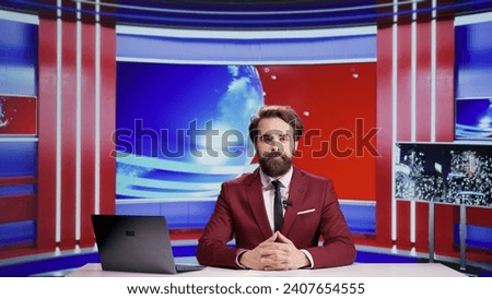 Journalist broadcasting politics news on tv program, presenting updates and commentaries on international television. Young tv broadcaster talking about world informations and scandals.