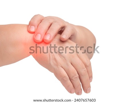 De Quervain disease. Occupational disease of the hand. Inflammation of the tendon sheath.  pain near the base of the thumb by swelling or inflammation of tendon thumb wrist hurt because using computer Royalty-Free Stock Photo #2407657603