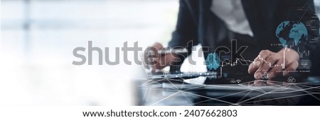 AI Artificial Intelligence, data science, management. Businessman using digital tablet with internet global network, machine learning, business intelligence, software development, digital technology Royalty-Free Stock Photo #2407662803