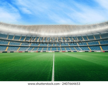 Soccer stadium field in day mood with light  Royalty-Free Stock Photo #2407664653
