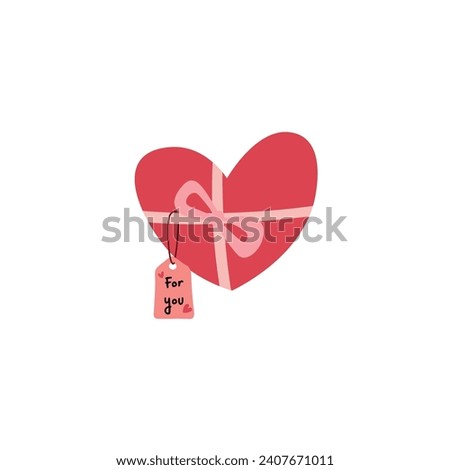 Heart gift with a ribbon and a tag flat vector illustration isolated on white background. Element for Valentine's day concept. Doodles clip art in cartoon style. Happy Valentine's day.