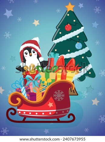 Illustration of a cute penguin on a sleigh full of gifts and a Christmas tree in the background. christmas scene illustration for story or gift card