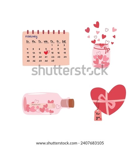 Set of Valentine's day elements flat vector illustration isolated on white background. Doodles clip art in cartoon style for Valentine's day concept. Happy Valentine's day.
