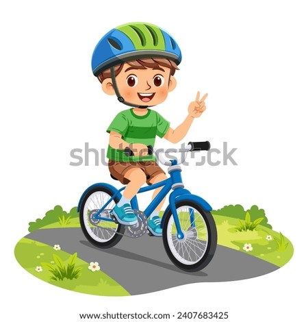 Happy little boy wearing helmet riding bicycle and smiling cycling along the path in the park. Vector illustration isolated on white background Royalty-Free Stock Photo #2407683425
