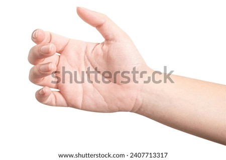 Close up male hand holding something like a bottle or can isolated on white background with clipping path. Royalty-Free Stock Photo #2407713317