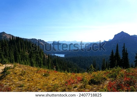 vivid autumn colors and fall scene hiking in the alpine Cascade Mountains of Washington State near the Cascade Crest