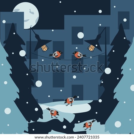 Winter clip art with Bullfinches on wire. Design Christmas card cover in trendy retro style. Winter landscape with birds. Vector illustration can used children books paint and t-shirt print.