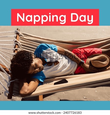Composition of napping day text over biracial man sleeping in hammock. National napping day, free time and relaxing concept digitally generated image.